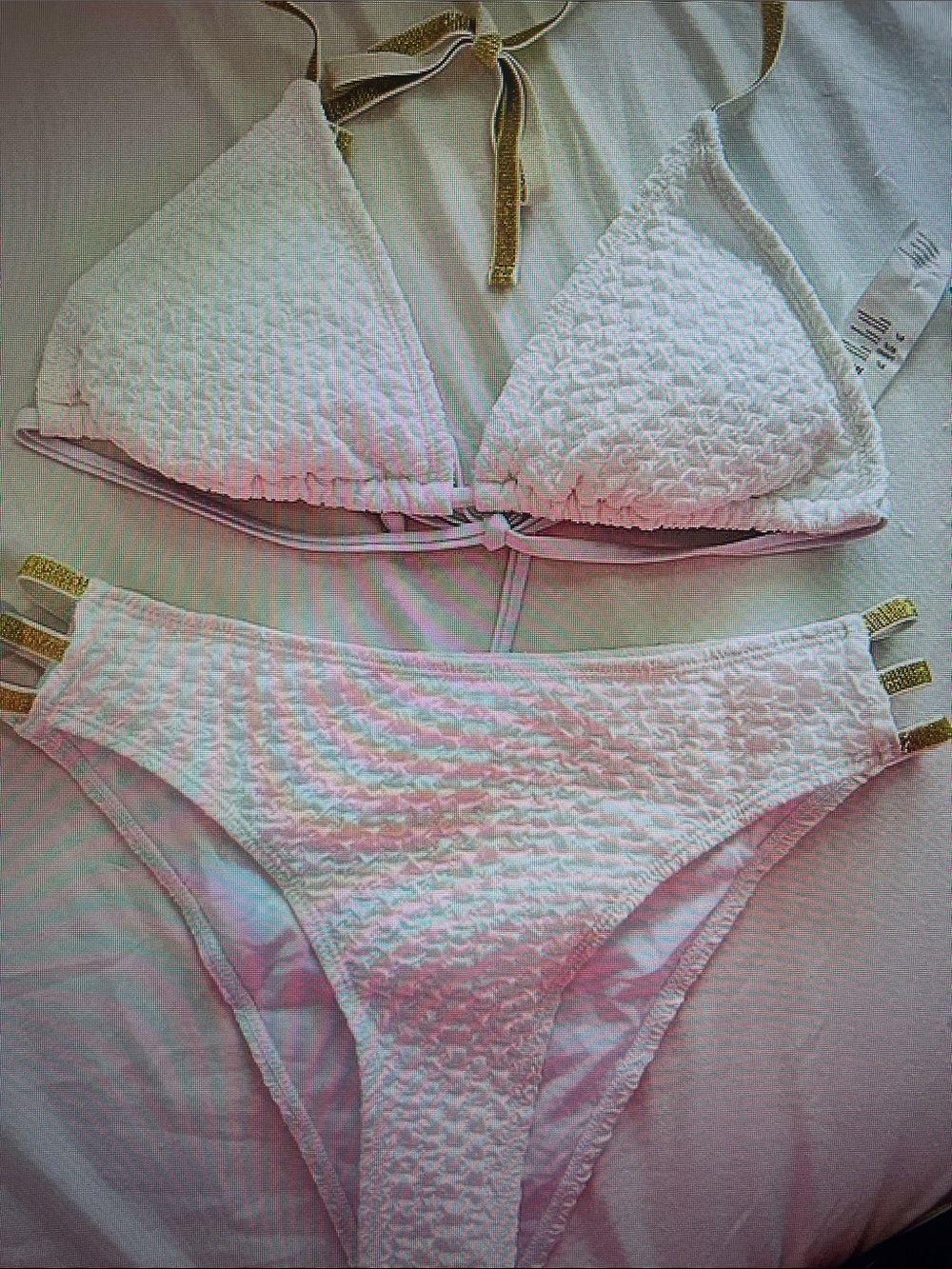 Textured White Bikini Set with Gold Accent